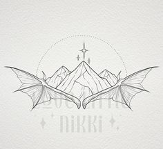 a drawing of two wings flying over a mountain with a cross on it's side