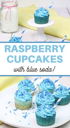 cupcakes with blue frosting on a white plate next to a jar of raspberry cupcakes