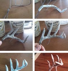 four pictures show how to make antlers out of tinsel and paint them white