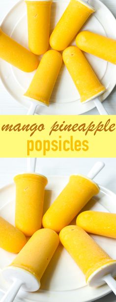 mango pancakes on a white plate with the words mango pancakes popsicles in yellow letters