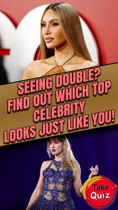 a woman in a blue dress holding a sign that says, seeing double? find out which top celebrity looks just like you