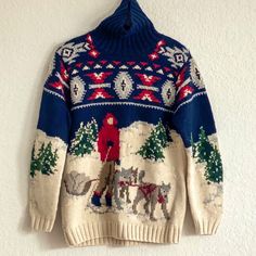 Perfect Condition. Authentic Vintage 1990s Ralph Lauren Sweater With Rare Dog Sled Pattern! Hand Knit. Sled Pattern, Vintage Ralph Lauren Sweater, Ralph Lauren Long Sleeve Knitted Sweater, Ralph Lauren Flag Sweater, Ralph Lauren American Flag Sweater, Bear Ralph Lauren Sweater, Dog Sled, Sweaters Vintage, Rare Dogs