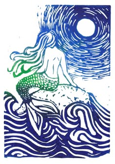 a drawing of a mermaid sitting on top of a wave