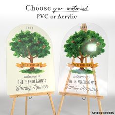 two wooden easers with trees in them and the words choose your material, pvo or acrylic