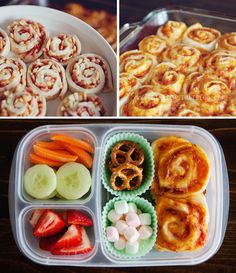 the lunch box is filled with different types of food, including carrots and pretzels