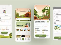 three smartphones with different app screens showing camping related activities and the text camp by day adventure