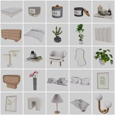 a collage of different types of furniture and decor in white, grey, beige and black