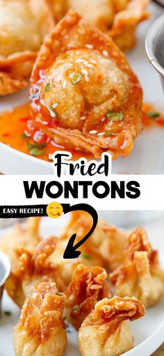 fried wontons on a white plate with the words fried wontons below it