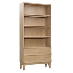 a wooden bookcase with two drawers on one side and an open drawer on the other