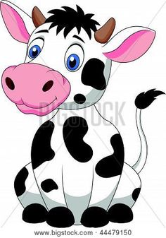 cartoon cow sitting down with blue eyes and black spots on his face, looking at the camera