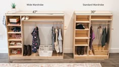 two wooden closets with clothes hanging on them and measurements for the size of each shelf