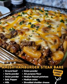 a large casserole dish with meat and cheese on top is shown in this advertisement