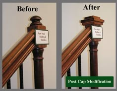 before and after shots of a stair railing with post cap modifications on the bottom half