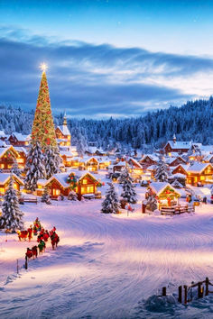 a christmas tree in the middle of a snowy village with horses and sleighs