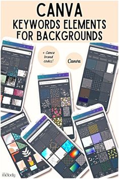 the book cover for canva keywords elements for backgrounds is shown in several different colors