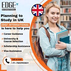 a woman holding a book in front of bookshelves with the words planning to study in uk