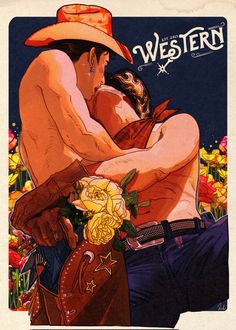 a man and woman embracing each other in front of flowers with the words western written on it