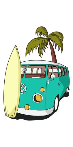 a blue van with a surfboard on the roof and palm trees in the background