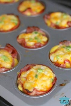 baked ham and egg cups in a muffin tin with text overlay that reads baked ham and egg cups