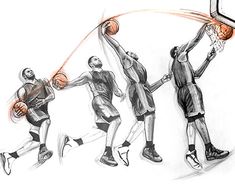 three basketball players in action with the ball going through the hoop, drawing by hand