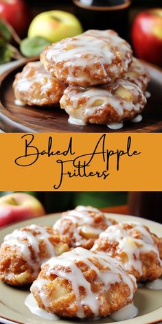 baked apple fritters with white glaze on top and apples in the background