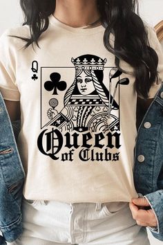 Playing Card Queen Of Golf Clubs Graphic T Shirts.Unisex Crew Neck Short Sleeve Tees.Crafted from premium materials, tailored to your lifestyle, ensuring a comfortable fit for any occasion.Family Group Uniforms Birthday Party Gift Concert Festival Events.High Quality Direct To Film Printed Graphic Design.100%COTTON,HEATHER(52%COTTON,48%POLY),ATH.HEATHER,BLACK HEATHER(90%COTTON,10%POLY)NICARAGUAMade In: Nicaragua Party T Shirts Ideas, Event Shirt Design, Cool Shirt Designs Graphic Tees, Birthday Shirt Design, Queen Of Clubs, Card Queen, T Shirt Print Design, Birthday Graphic, Sticker Business