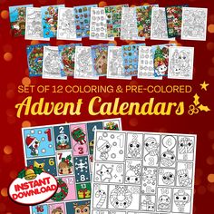 the set of 12 coloring and pre - colored christmas calendars for kids to color