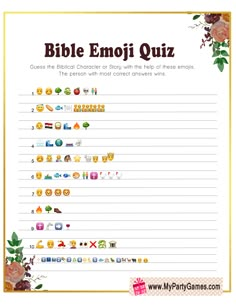 a printable bible emoji quiz with flowers and leaves on the side, which includes