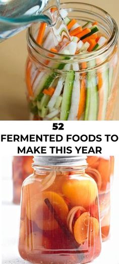 several different types of fermented foods in jars with text overlay that reads, 32 fermented foods to make this year