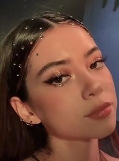 Pearly Hairstyle, Prom Hairstyle Straight Hair, Glitter Night Outfit, Euphoria Prom Theme Outfits, Homecoming Makeup With Rhinestones, Olivia Rodrigo Concert Hair Ideas, Outfit Ideas For 21st Birthday, Eras Tour Makeup Ideas Folklore, Bedazzled Hairstyles