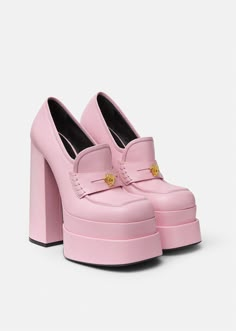 Versace Heels, Pink Platform, Shoes Elegant, Platform Block Heels, Platform Loafers