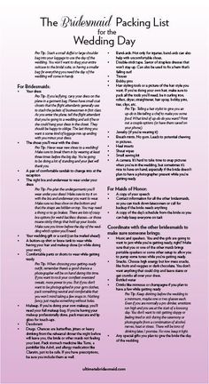 the bridesmal packing list is shown in pink and white with black writing on it