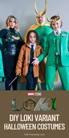 the poster for diy loki variant halloween costumes, featuring two children dressed as male and female characters