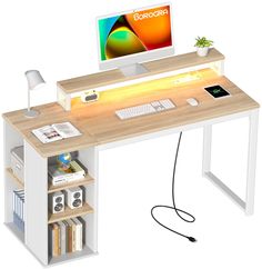 a computer desk with a monitor, keyboard and mouse on it in front of a white background