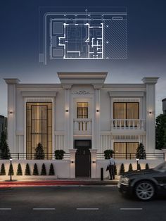 a large white building with lots of windows next to a car on the street at night