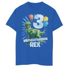 a birthday t - shirt with the number six on it and a dinosaur holding balloons