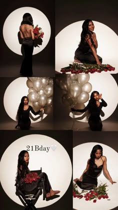 a woman sitting in a chair with balloons and flowers