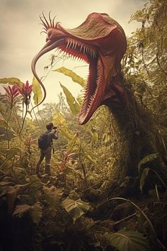 a large dinosaur with its mouth open in the forest next to a man holding a camera