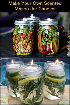 mason jar candles with herbs and lemons in them