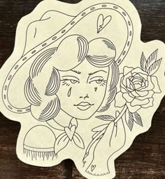 a drawing of a woman with a hat on her head and a rose in her hand