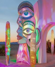 an artistic sculpture with multiple colored lights on it's face and eyes, in front of a desert landscape