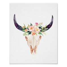 an animal skull with flowers on it's head is featured in this watercolor painting