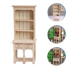 the dollhouse furniture is white and has green leaves on it's top shelf