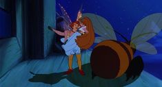 an animated image of a fairy holding a large bug in front of a blue background