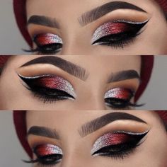 Red Black And Silver Makeup, Weirdo Palette Looks, Lisa Makeup, Makeup Ideas Aesthetic, Makeup Aesthetic Ideas, Makeup Bag Aesthetic, Makeup Products Aesthetic, Drawing Makeup, Theater Makeup