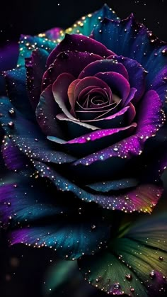 a purple rose with water droplets on it's petals is shown in front of a black background