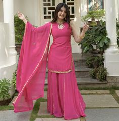 Simple Plazo Suit Designs, Stylish Kurti Neck Design, Pink Plazo With Kurti, Pink Indian Suits Women, Garara Neck Design, Simple Suit For Wedding, Plazo Kurti Design Wedding, Cotton Plazo Design, Saree Plazo Dress