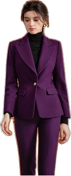 Professional Pantsuit With Suit Collar For Fall, Business Pantsuit With Suit Collar And Buttons, Professional Fall Pantsuit With Suit Collar, Formal Long Sleeve Pantsuit For Winter, Formal Long Sleeve Winter Pantsuit, Tailored Long Sleeve Winter Pantsuit, Luxury Single-breasted Pantsuit With Suit Collar, Elegant Winter Suits For Work, Elegant Winter Double Breasted Suit