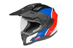 the red, white and blue motorcycle helmet is shown on a white background with no image