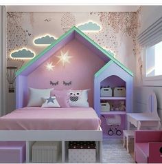 a child's bedroom decorated in pink and purple